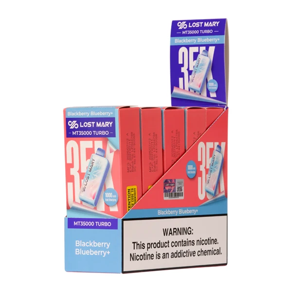 A close-up of the Off Stamp Flavors 16000 device next to its packaging, showing the flavor and nicotine labels. The alt text for this image is "off stamp flavors 16000 device and packaging".